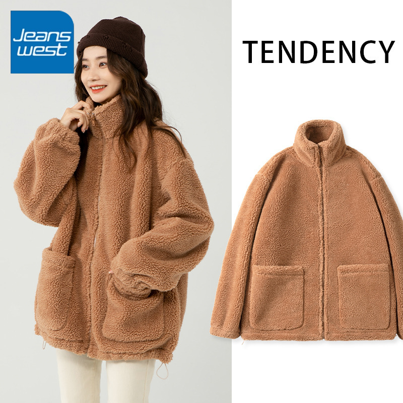 Zh Jeanswest Women's Sweatshirt Winter 2026 New Style Fleece Stand Collar Niche High-End Fleece-Lined Thickened Jacket Polar Fleece