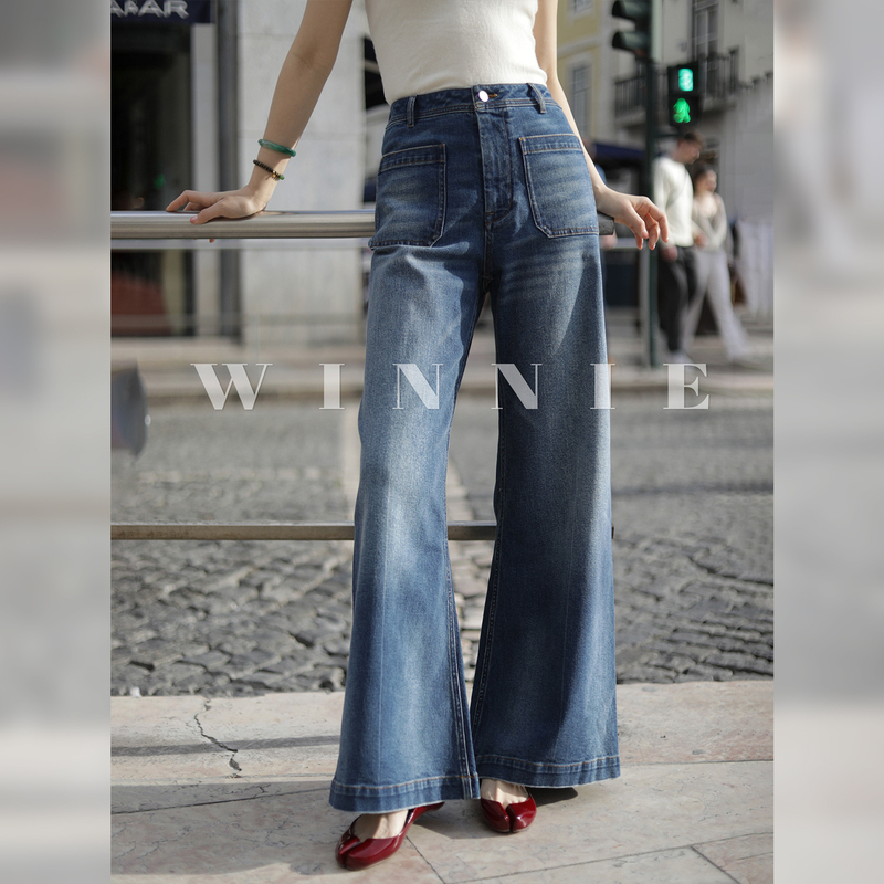 Winnietang 12.7 oz Vintage Denim High-Waisted Double-Pocket Straight-Leg Whiskered Jeans Slimming Long Pants Winnietang 12.7 oz Vintage Denim High-Waisted Double-Pocket Straight-Leg Whiskered Jeans Slimming Long Pants