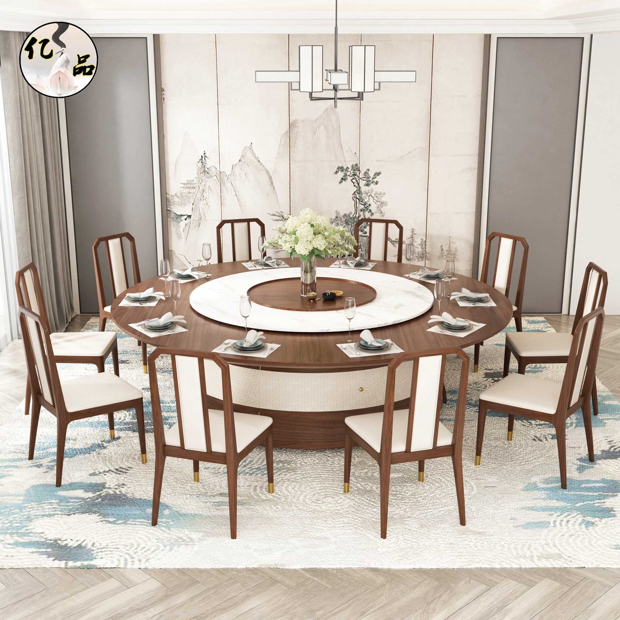Hotel electric dining table New Chinese style solid wood large round table Dining room box Marble turntable hot pot table Clubhouse customization