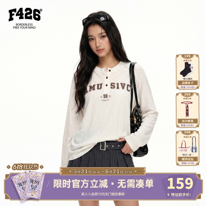 【F426 Official Store】National Trend Brand Summer New American Retro Letter Print Henley Collar Long Sleeve T-Shirt 【F426 Official Store】National Trend Brand Summer New American Retro Letter Print Henley Collar Long Sleeve T-Shirt