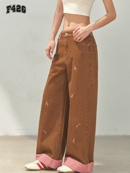 [F426 Official Store]National Trend Brand Autumn New American Casual Versatile Dog Embroidery Cuffed Jeans