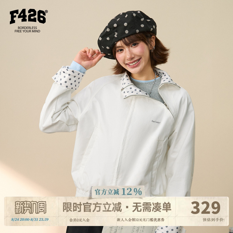 【F426 Official Store】Autumn New Vintage Versatile Casual Diagonal Zipper Color-Block Polka Dot Design Jacket