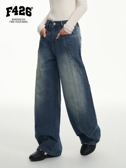 [F426 Official Store]National Trend Brand Autumn New American Casual Versatile Loose Deconstructed Micro-Curved Knife-Cut Jeans