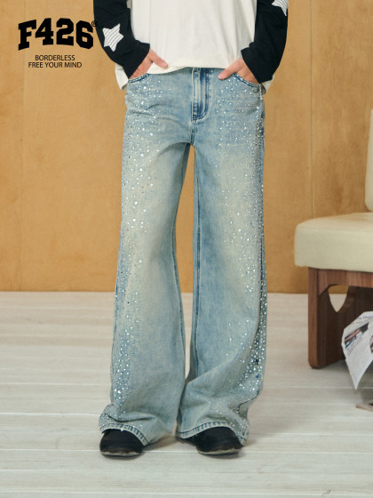 [F426 Official Store]New Style of Super Stylish Faux Rhinestone Star Texture Wide-Leg Jeans from the Academy of Rebellion