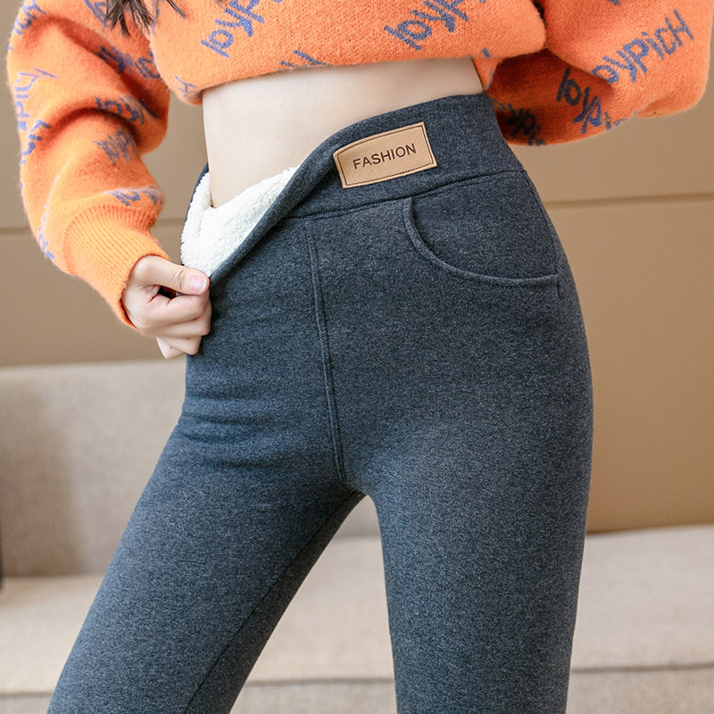 Extra-thick lamb suede inner lap pants female plus suede thickened winter outwear large size high waist display slim smoke pipe trousers warm cotton trousers