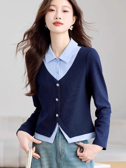 Gefälschte zweiteilige kontrastfarbene Langarmhemden im College-Stil für Damen. Frühlingsneues Design mit schmalen Polokragenhemden für Damen