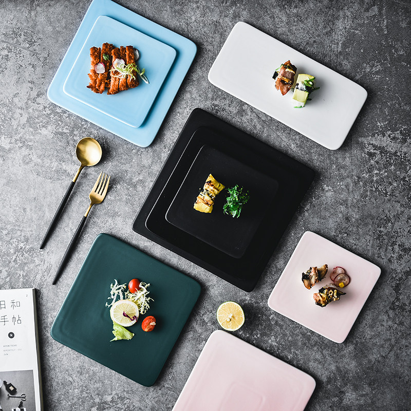 Matte Square Flat Plate Ceramic Dinner Plate Cake Plate Refreshment Plate Macaron Dessert Bread Plate Sushi Plate Western Plate