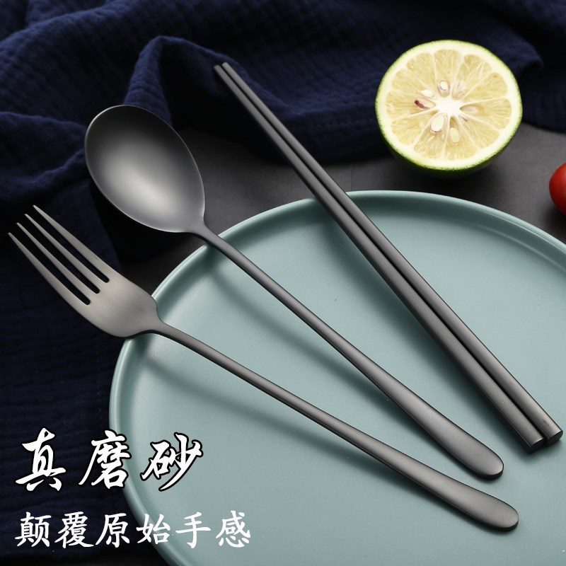 Stainless steel tableware three-piece set portable chopsticks spoon set Household long handle adult student Korean creative cute