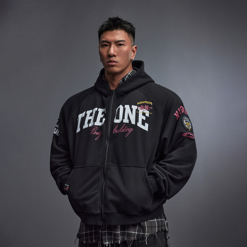 Fearless Oriental Unparalleled Club Member Badge Raglan Hooded Zipper Sweatshirt Retro Street Style Men's Hardcore Oversized