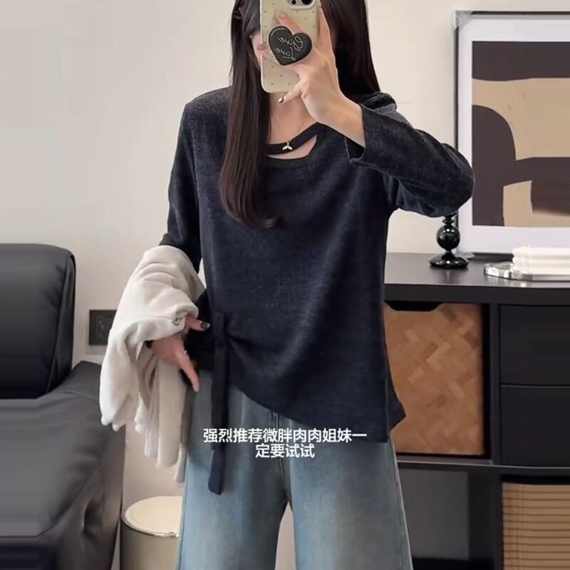 Plus-Size Irregular Long-Sleeve T-Shirt with Ribbons for Women, Autumn and Winter Inner Wear, Loose Fit, Slimming Effect, Regular Shoulder Top for Women