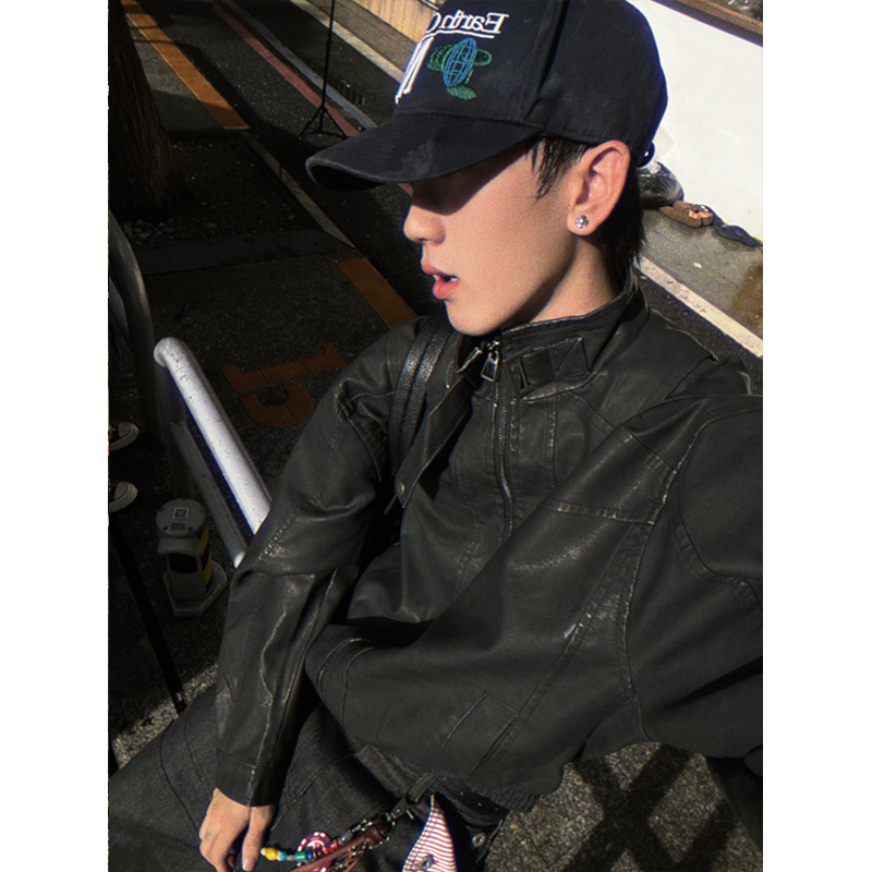 Dp Ahoilcc American Retro Loose-Fitting Tie-Dye Pu Leather Biker Jacket Men's Trendy Short Wide Coat Dp Ahoilcc American Retro Loose-Fitting Tie-Dye Pu Leather Biker Jacket Men's Trendy Short Wide Coat