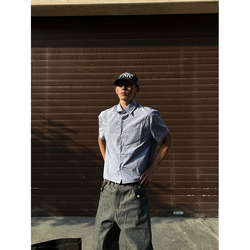 Dp Ahoilcc Classic Blue Plaid Short-Sleeved Shirt Cleanfit High-End Versatile Work Clothing T-Shirt Top
