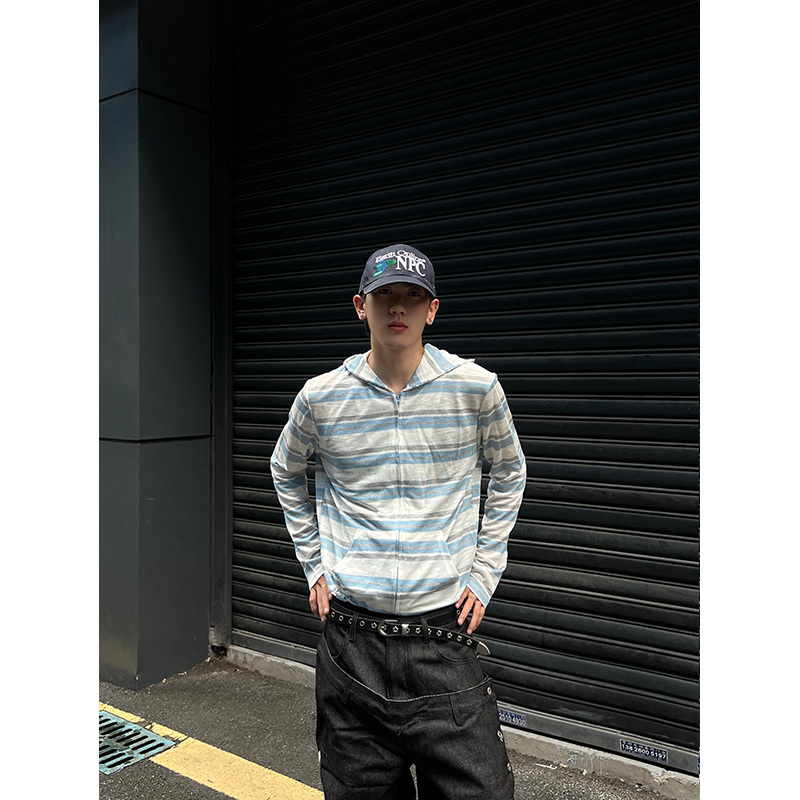 Dp Ahoilcc American-Style Color-Blocked Striped Hooded Long-Sleeve T-Shirt Unisex Casual Versatile Lazy Style Thin Jacket Dp Ahoilcc American-Style Color-Blocked Striped Hooded Long-Sleeve T-Shirt Unisex Casual Versatile Lazy Style Thin Jacket