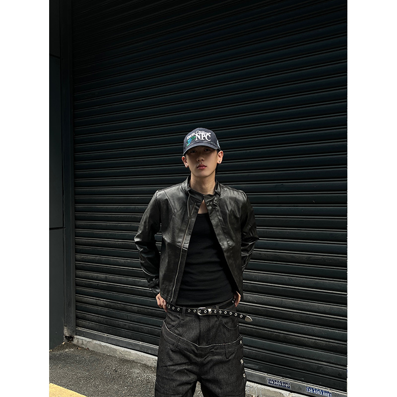 Dp Ahoilcc American Street Style Pu Leather Biker Jacket Stand Collar Jacket Short Long-Sleeve Leather Coat Men's Trendy Dp Ahoilcc American Street Style Pu Leather Biker Jacket Stand Collar Jacket Short Long-Sleeve Leather Coat Men's Trendy