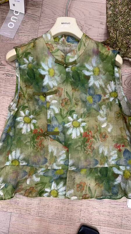 98603 Markduo Summer New Style Stand-Up Collar 100% Ramie Short-Sleeved Vest, m Bust 98, Length 56