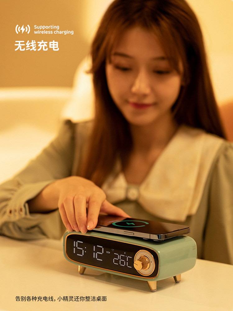 2024 New Smart Bedside Desktop Bluetooth Speaker Alarm Clock Mobile Phone Wireless Charging Small Speaker Night Light