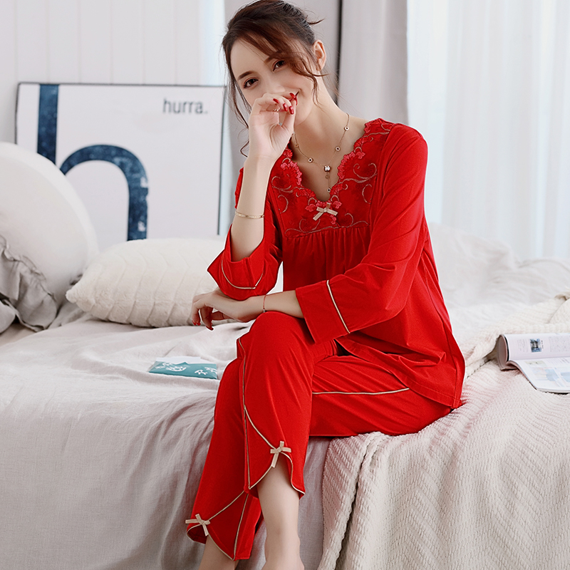 Pyjamas ladies spring and autumn pure cotton long sleeve Mom Ben's life New Year Large red suit Old-aged full cotton Big code Home Residence Clothes-Taobao