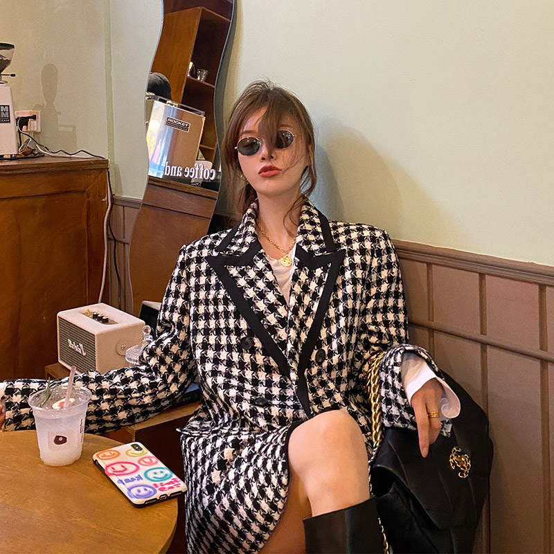 Korean version suit jacket women's 2021 autumn and winter style houndstooth mid-length version all-match loose British style casual suit