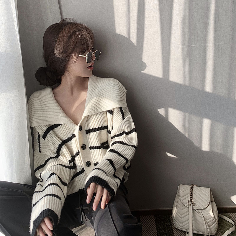 Navy collar contrast color striped knitted cardigan women's spring and autumn Korean style loose Western style all-match lazy short sweater coat