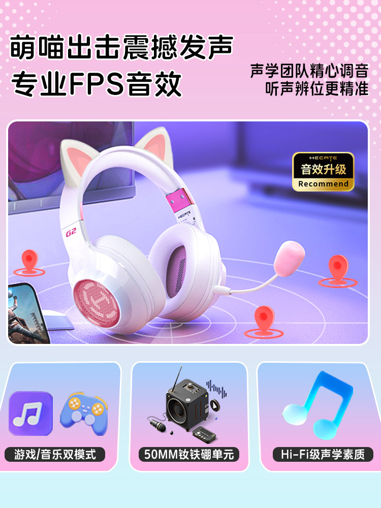 Edifier G2 Wireless Bluetooth Headset Over-Ear Gaming Headset for Pubg, Cat Ear Design for Girls, Computer Headset