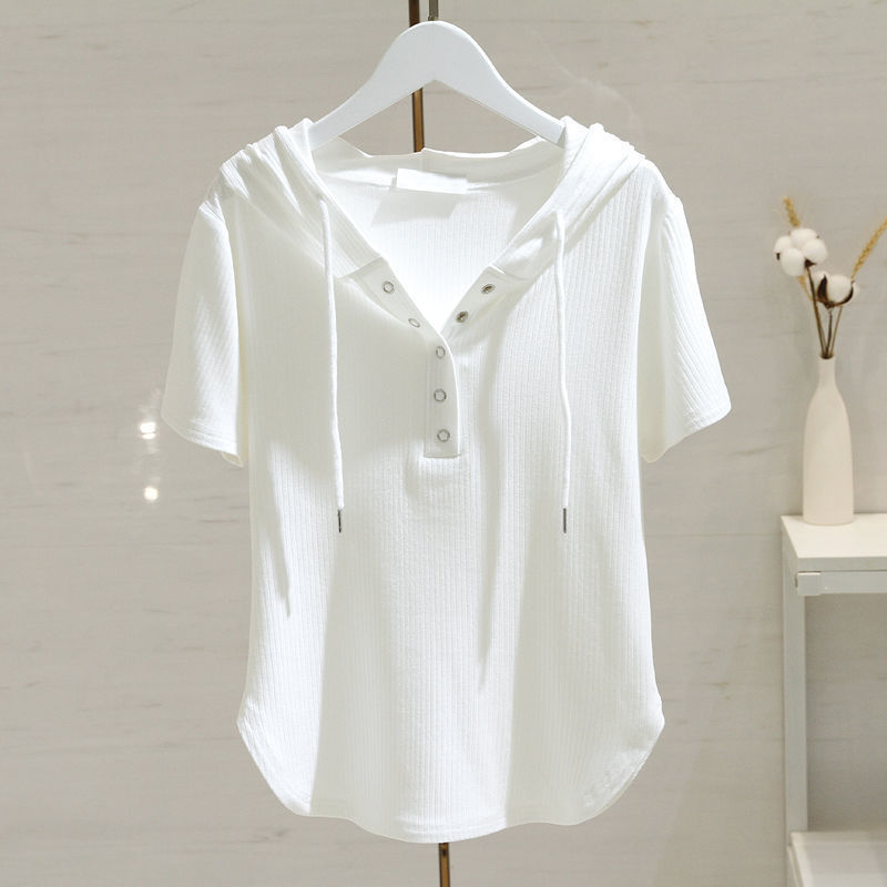 Solid Color Hooded Short-Sleeve T-Shirt for Women, Summer 2025 New Sweatshirt, Simple Casual Versatile Trendy Drawstring Top