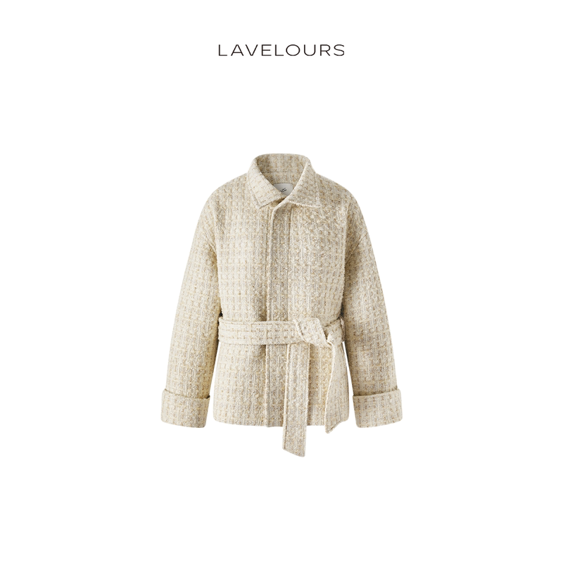 Lavelours New Simple Tweed Wool Stand-Up Collar Lace-Up Small Chanel-Style Jacket