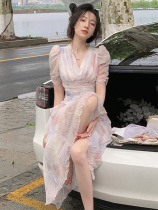 Faffen Fairy Skirt Woman summer closets Lean Crushed Flowers V Collar Dress Superior temperature sensitive soft and luxurious Long dress