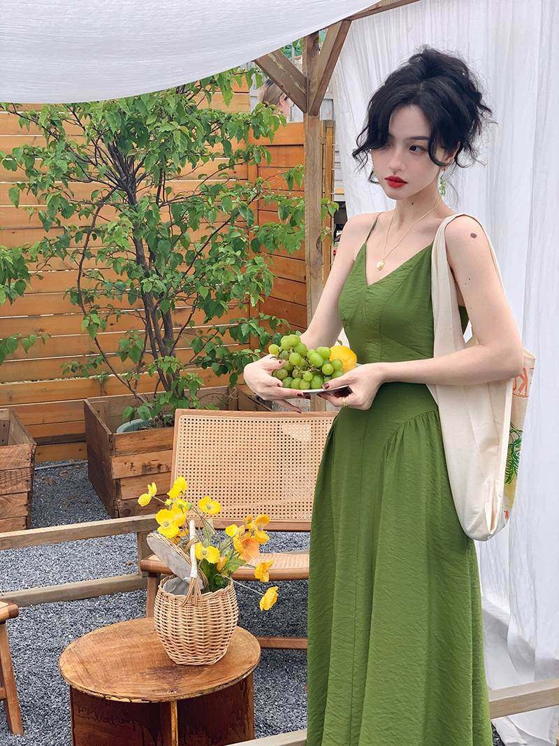 Wine Afternoon Homemade Style Retro Rag Tea Green Pleated Harness Foreign Dress Collection Waist Display Slim Muscular Sense Superior Tea Hysteria