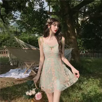 Very fairy dress female summer Korean version thin waist lace small suspender long skirt high waist fairy