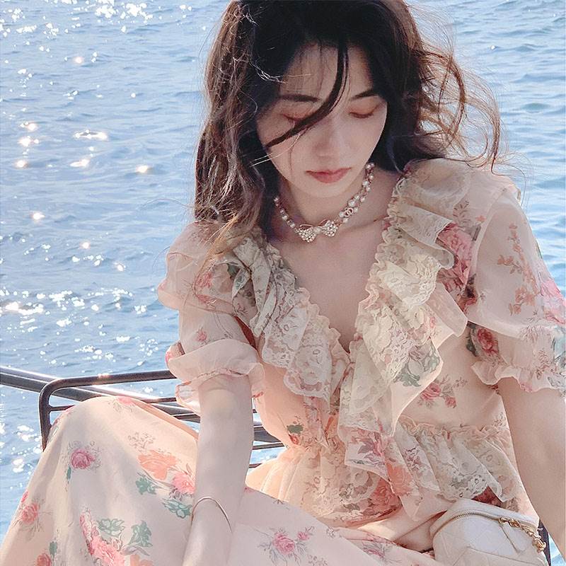 Ultra-fairies-style sweet and broken floras for women 2022 New small crowdflower side V collar short sleeve a dress