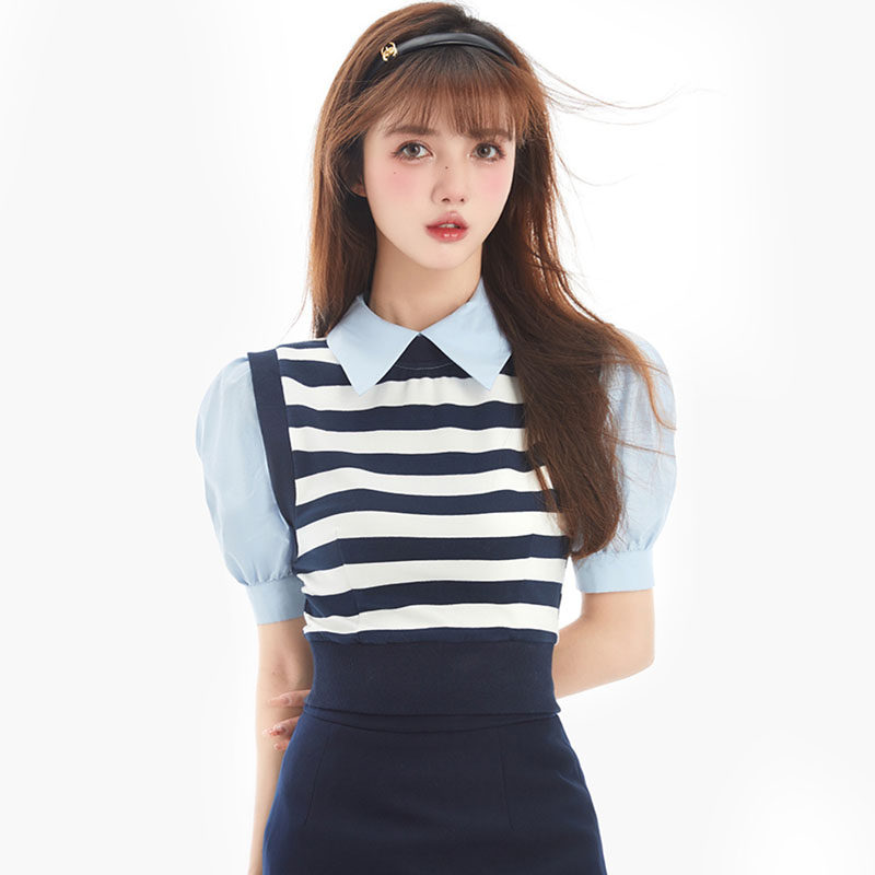 College Wind Sweet and Striped Collared blouse closets waistcoat Thin Retro Half Skirt Girl Sensation Two Sets