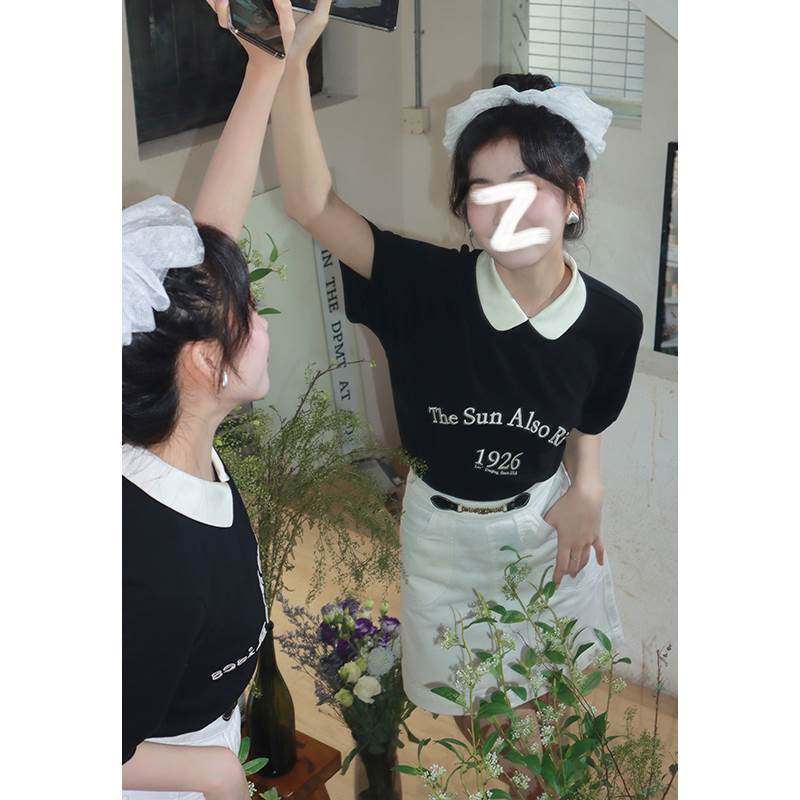 Great Sunny American Vintage Dolls Collar Shirt Bump Color Black Printed Casual Polo Collar Short Sleeve Embroidered Blouse