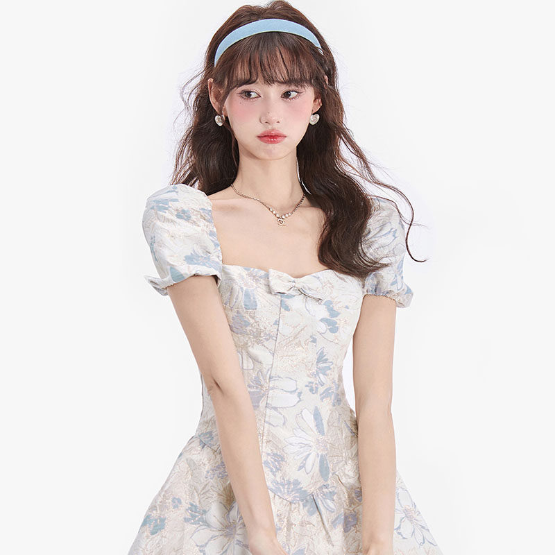Palace Wind Temperament Bubble Cuff Jacquard Romantic Fluffy Skirt Woman Design Sensation Bow Tie Oil Painting Ocean Dress