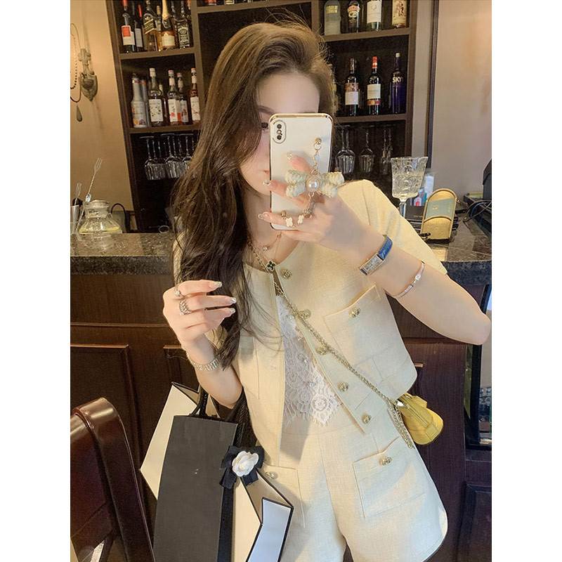 Korean system High feeling small fragrance Wind thin net red suit Women's summer 2022 new small sub-jacket shorts Two sets