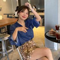 Sweet and elegant single row button denim blue shirt polo loose display slim sunscreen blouse high waist fish tail dress suit