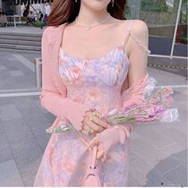 2021 summer new French sweet gentle wind oil painting suspender dress knitted ice silk sunscreen clothes for women