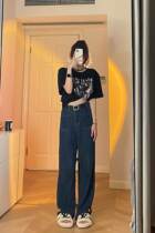 Retro Dark Blue Jeans Woman Summer Thin design Loose With Slim high waist drag Casual Straight Cylinder Pants Tide