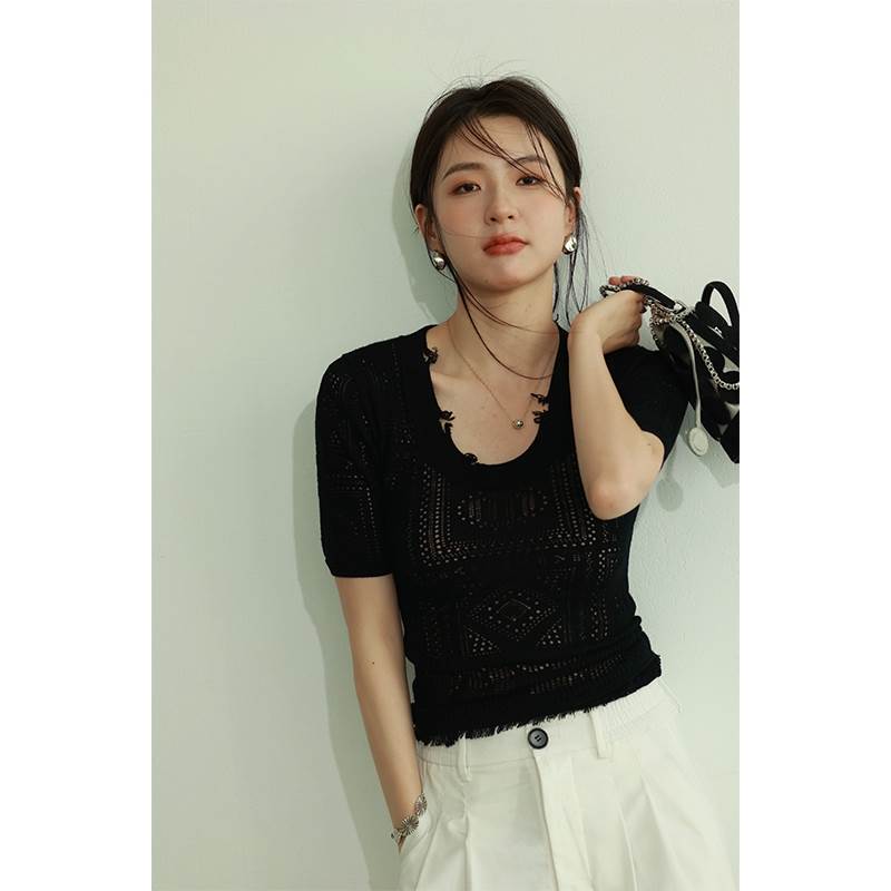 Port Wind Retro Hollowed-out Ice Silk U Collar Knit Short Sleeve Blouses Woman 2022 Summer Thin Air Conditioning Shirt Inside a T-shirt