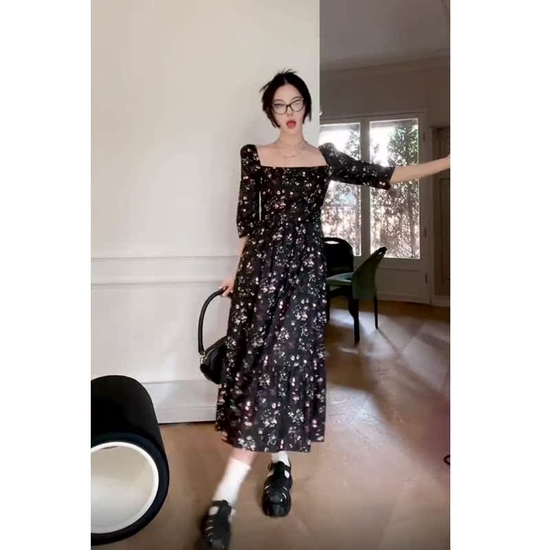 The French style tea hysteria, the beautiful foreign pie printed crushed floral dress with a thin collection of the waist 2022 Summer