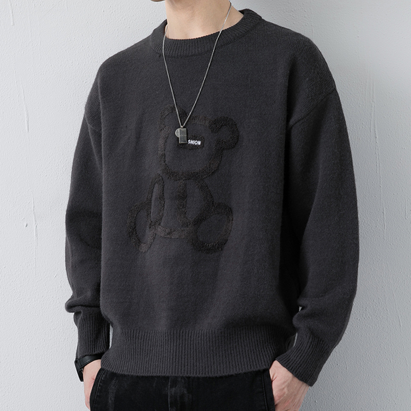 Men's Sweater for Autumn and Winter, Fleece-Lined and Thickened, Trendy Brand, Lazy Style, Bear Knitwear, Men's Base Layer, Warm Woolen Sweater
