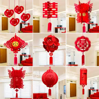 Wedding celebration pendant Non-woven pendant Happy word red hydrangea Palace lantern Wedding room decoration