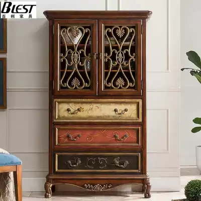 American solid wood high wine cabinet living room hand-painted storage cabinet corridor retro side cabinet Hall partition cabinet large capacity bookcase