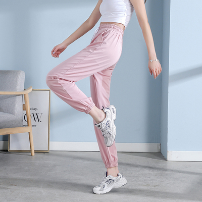 粉色冰丝运动裤女夏季薄款2021新款垂感宽松束脚小个子休闲灯笼裤