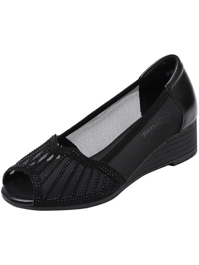 Fish Mouth Sandals for Women, Summer Mesh Mom Shoes, Breathable Genuine Leather Soft Sole Wedge Heels, Fashionable Women's Shoes, Comfortable and Breathable for the Elderly