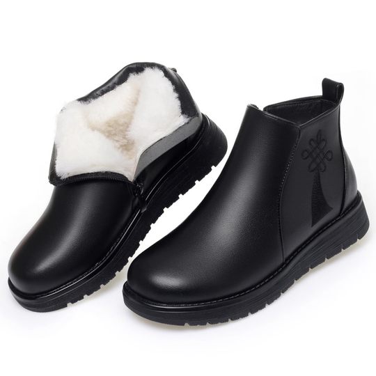 真皮妈妈棉鞋冬季加绒保暖中老年棉鞋加厚羊毛短靴女平底防滑皮鞋