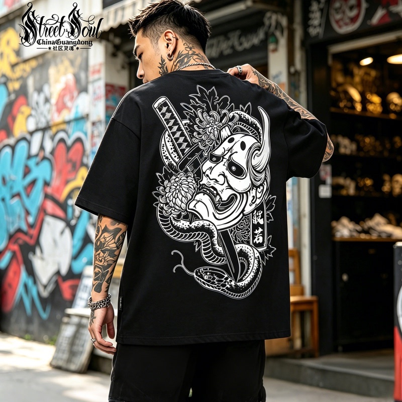 Original Trendy Brand Tattoo Artist Style T-Shirt with Heavy Print, Short-Sleeved, Men's Black, Loose Fit, Drop Shoulder, Chinese Style, Japanese Style, 280g Original Trendy Brand Tattoo Artist Style T-Shirt with Heavy Print, Short-Sleeved, Men's Black, Loose Fit, Drop Shoulder, Chinese Style, Japanese Style, 280g