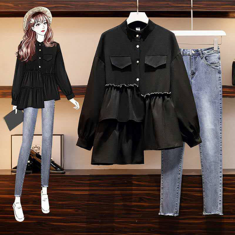 Single Large size women's clothing fat sister slimming suit autumn new fashion asymmetric top two-piece suit women's tide