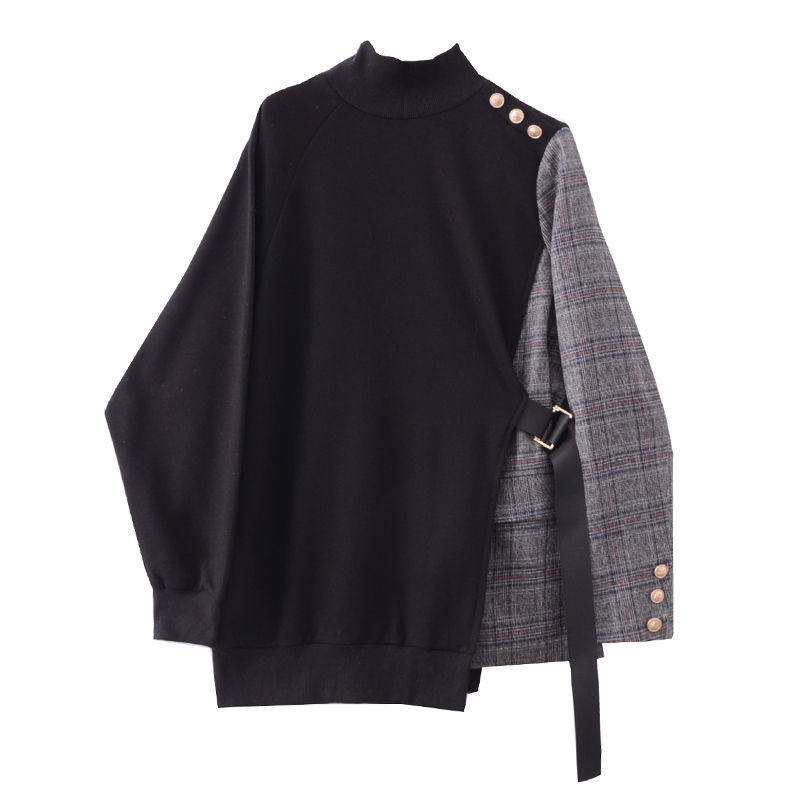 Large size women's clothing Fat mm plaid splicing thick T-shirt female loose display slim 2021 spring new irregular black jacket woman