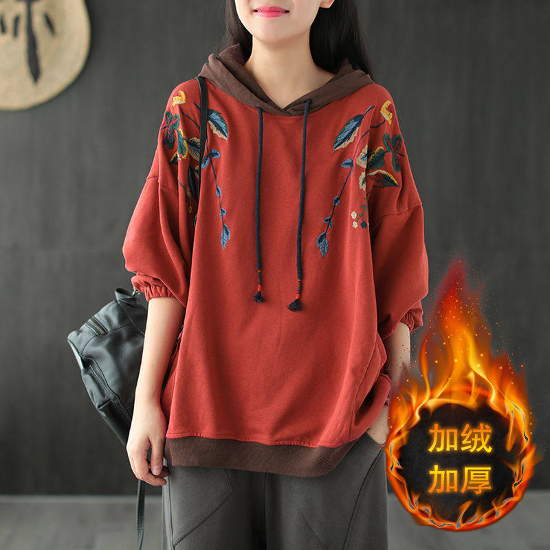 Cotton hooded embroidered plus size sweatshirt early fall 2020 new retro literary loose pullover casual ladies top