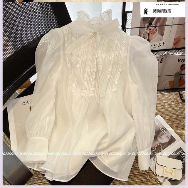 Versatile knot spring French stand-up collar shirt silk, elegant lace collar white top